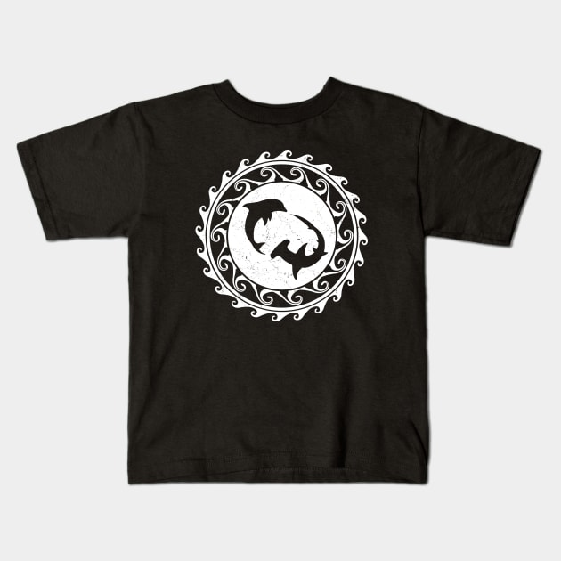 Hammerhead Shark and Dolphin on Polynesian Sun Kids T-Shirt by NicGrayTees